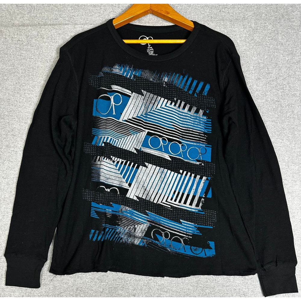 OP Thermal Graphic Shirt Mens XL Black Long Sleeve Waffle Knit Cotton